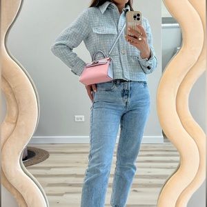 Zara Blue Tweed Structured Patch Pocket Blazer Jacket